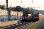 23.07.2018 Begenung im Bahnhof Uhingen 185 390-2 & 146 211-6