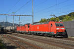 Doppeltraktion, mit den DB Loks 185 137-7 und 185 119-5, durchfährt den Bahnhof Gelterkinden. Die Aufnahme stammt vom 17.09.2019.