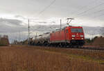 185 261 führte am 22.02.24 einen kurzen Kesselwagenzug durch Gräfenhainichen Richtung Wittenberg.