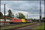 DB Cargo 185 377-9 mit einem modellbahngerechten Güterzug am 23.09.2024 in Retzbach-Zellingen. Eingereiht sind das neue Bahndienstfahrzeug XTmax 99 85 9236 522-0 CH SBB I (Hersteller: Harsco Rail) und zwei Schiebeplanwagen.