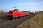 DB Cargo Bombardier Traxx 185 293-8 und Siemens Vectron 193 367-0 (kalt) bei Nieder-Mörlen am 08.02.25