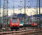 Ein Nachschuss von der 185 018-9 DB als Lokzug aus Kln-Gremberg bei der Einfahrt in Aachen-West bei Regenwolken am 11.4.2013.