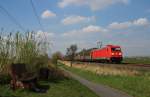 185 224-3 fuhr am 03.05.2013 mit einem Autozug von Emden nach Osnabrck, hier sdlich von Leer.
