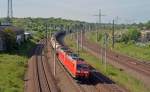 185 197 zog zusammen mit einer Schwesterlok am 25.05.14 einen Kesselwagenzug durch Bitterfeld Richtung Wittenberg.