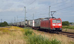 185 187 schleppte am 04.09.16 einen KLV-Zug durch Gräfenhainichen Richtung Bitterfeld.