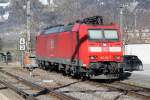 Die abgebügelte DB Lok 185 123-7 auf dem Lokgleis in Landquart.Die Lok besitzt 4 Stromabnehmer.(Zwei für die Schweiz)26.02.15