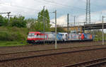 Am 03.05.20 standen die drei Werbeloks der BR 185 von Rheincargo in Bitterfeld abgestellt. Von links nach rechts warten 185 350, 185 349 und 185 340 auf dem Stumpfgleis auf ihren Werkstattaufenthalt.