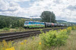 185 642-6 ist am 21.08.2024 mit einem Kesselzug auf das Überhohlgleis in Oberhaun gefahren.