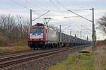 185 597 der BRLL schleppte am 03.12.24 einen leeren Rübenzug durch Greppin Richtung Dessau. Die geladenen Container stammen von Forst Logistik aus der Schweiz.