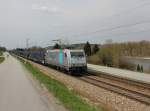 Die 185 621 mit einem leeren Autozug am 11.04.2015 unterwegs bei Vilshofen.