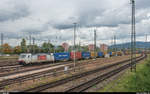 Basel Badischer Bahnhof am 6. Oktober 2017. 186 150, noch immer mit Crossrail-Beklebung, erreicht mit einem UKV-Zug den Bahnhof.