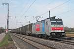 Am Nachmittag des 02.04.2019 fuhr Rpool/XRAIL E 186 187-1  Crossrail  mit dem  GTS -Containerzug (Zeebrugge - Piacenza) durch den Bahnhof von Müllheim (Baden) im Markgräflerland in Richtung Schweizer Grenze.