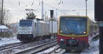 Das war knapp, da kam mal wieder eine S-Bahn fast dazwischen, eine von den neueren Railpool GmbH, München [D] Loks (Abnahme 2020), die   186 539-3  [NVR-Nummer: 91 80 6186 539-3 D-RPOOL], aktueller Mieter ist METRANS mit Containerzug Richtung Frankfurt/Oder am 11.02.21 Berlin Hirschgarten.