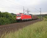 186 326-5 mit Schiebewand-Wagen-Zug in Fahrtrichtung Norden. Aufgenommen am 14.06.2013 zwischen Eichenberg udn Friedland(HAN).