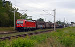 Mit einem gemischten Güterzug am Haken passierte 187 187 auf dem Weg Richtung Dessau am 17.08.19 Raguhn.