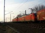 189 060 und 189 079 fahren am Nachmittag des 18.02.07 ihrem Ziel Rostock-berseehafen entgegen. (Martensdorf bei Stralsund) 