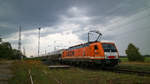 Die orangene 189 821 von Locon kam am 06.08.2019 mit einem Containerzug durch Elster(Elbe) in Richtung Falkenberg(Elster)