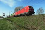 DBC 193 353 steht mit ein Mischguterzug am 30 März 2021 in Boxtel. Ein technischer defekt am Lok gönnte der Fotograf die Zeit um ein Froschblick auf der stehender Zug auf den Chip zu retten.