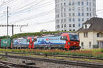 Doppeltraktion, mit den Siemens Vectron Loks 193 474-4 und 193 476-9, durchfährt den Bahnhof Pratteln.