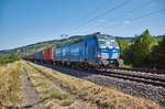 193 848-9 ist hier am 25.07.2018 bei Thüngersheim mit einen Containerzug unterwegs.