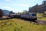 Durch verpätete Züge auf der Schwarzwaldbahn, konnte ich leider nicht mir eine andere Stelle suchen, daher Mess ST 92084 am Bü zum Herrenberg mit der Vectron 193 247 (14.02.2019)