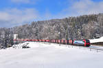 193 465 mit einem KLV am 05.02.2019 bei Goldau.