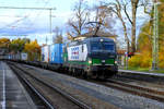 Am Nachmittag des 28.10.2020, dem letzten Mittwoch des Oktobers 2020, durchfährt Vectron 193 225 von ELL, vermietet an ECCO, mit dem Ekol-Zug nach Trieste den Bahnhof von Aßling in