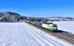 193 728 mit einem Holzzug am 12.02.2021 bei Darshofen.