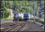 Bei der Einfahrt in Decin passiert am 6.6.2024 um 8.23 Uhr die 193297 mit dem Eurocity aus Berlin die dort geparkte IDS Cargo Bobina E 4990042.