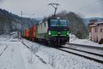 193 224 von ELL ist mit einen Containerzug in Richtung Süden unterwegs abgelichtet am 19.01.16 in Vollmerz.