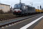 193 854 mit dem Stuttgatt21-Abraumzug bei der Einfahrt in den Bahnhof Nordhausen 20.02.2016