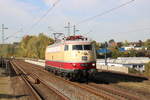 E03 001 auf dem Weg von Koblenz nach Minden zur Systemtechnik um dort einen alten Messwagen abzuholen. Aufgenommen in Wuppertal-Sonnborn im Oktober 2018