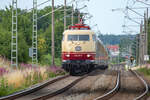 Sonderzug mit der DB Lok 103 245 auf der Rückfahrt von Binz zum Hbf Göttingen nach der Ausfahrt in Bergen auf Rügen.