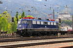 Die TRI ( Train Rental International GbR ) 110 428-0 vor einem Güterzug bei der Ausfahrt aus dem Bahnhof Kufstein in Richtung Deutschalnd am 03.05.17