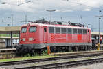 Ex DB Lok 110 169-0 steht auf einem Abstellgleis beim Badischen Bahnhof. Die Aufnahme stammt vom 06.06.2017.