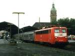 110 143-5 mit RB 3843 Kleve-Kln Deutz auf Krefeld Hauptbahnhof am 26-08-1997.