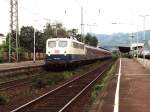 110 132-8 mit RegionalExpress RE 11215 Wuppertal-Oberhausen-Koblenz auf Bahnhof Andernach am 20-7-2000. Bild und scan: Date Jan de Vries.