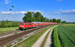 111 091 mit einem RE3 am 09.05.2024 bei Langenisarhofen.