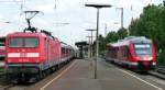 Die Fortsetzung von Bild 492097 im Frther Hauptbahnhofs am 9.5.09: Von Links noch mal die 112 170 am Schluss einer RB nach Nrnberg und rechts 648 805 bei der Ausfahrt aus Gleis 7 nach Cadolzburg.