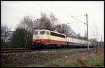 Die 114486 der DB kam am 14.4.1992 um 16.42 Uhr mit dem D nach Wilhelmshaven durch Schierbrock.