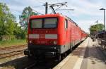 Hier 114 003-7 mit einem RE3 (RE18348) von Wünsdorf-Waldstadt nach Schwedt(Oder), dieser Zug stand am 17.5.2014 in Schwedt(Oder).