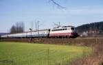 114495 kurz vor dem Bahnhof Natrup Hagen auf der Rollbahn unterwegs am 6.3.1989 um 10.48 Uhr mit dem D 439 nach Rostock.