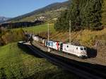 Die 139 135 und die 185 665 mit einem KLV-Zug am 26.10.2019 unterwegs bei Matrei am Brenner.