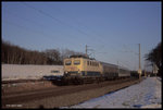 In der letzten Tagessonne ist am 3.2.1998 um 16.08 Uhr 141320 mit dem Stadtexpress nach Rheine kurz vor Ibbenbüren - Laggenbeck unterwegs.