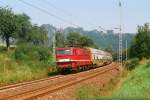 Zwischen Kurort Rathen und Knigstein im Elbtal kommt 242 006 am 07.08.91 mit einer S-Bahn S1 gefahren.