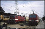 Auf den Kopfgleisen in Warnemünde stehen hier am 19.6.1992 die DR Loks 143315 und 143272 mit ihren Doppelstockzügen.