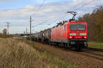 Delta Rail mit der DB Mietpool 143 009 und Kesselzug am 07.11.2022 von Frankfurt Oderbrücke nach Stendell. Aufgenommen in Teschenhagen bei Stralsund.