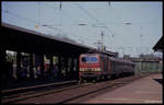 243013 hält hier am 5.5.1990 mit dem P 3480 nach Lutherstadt Wittenberg im Bahnhof Roßlau.