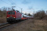 MEG 143 204 mit Talent 3 (Baureihe 4758) Bewegungsfahrt am 08.03.2023 bei Borchtitz.
