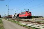 151 059-3 mit gemischten Güterzug Richtung Norden beim Abzweig Bruchsal-Nord, 24.07.2014.